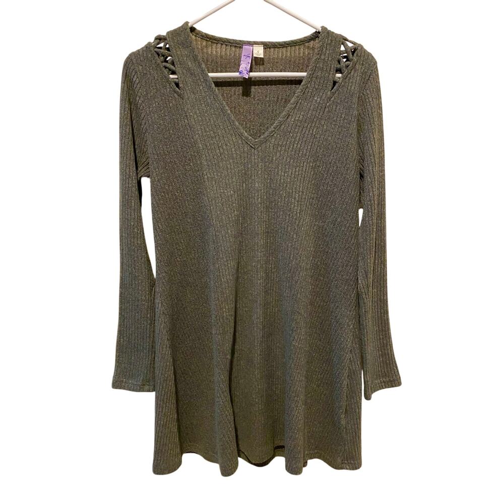 Francescas Alya Tunic Sweater Mini Dress Small Olive Green Ribbed Boho Lagenlook